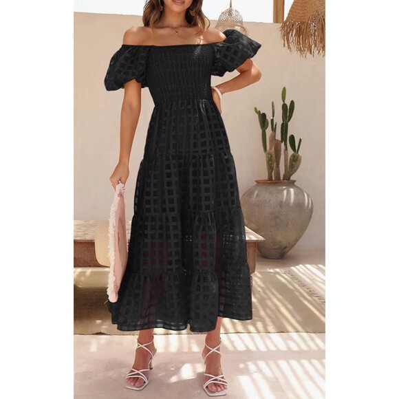 NWTPretty Garden Puff Sleeve Smocked Tiered Dress Sheer Midi Black Cottagecore-L - Picture 1 of 13